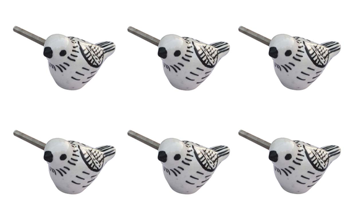Bulk Wholesale Set of 6 Handmade Bird-Design Knobs in White Color – Beautified with Hand-Painted Patterns in Black Color – Decorative Drawer Pulls for Cabinet Doors / Dressers – Home Décor