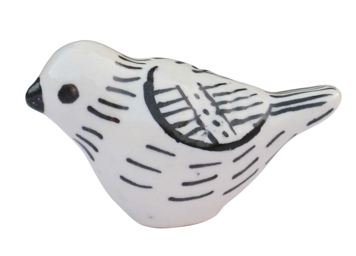 Bulk Wholesale Set of 6 Handmade Bird-Design Knobs in White Color – Beautified with Hand-Painted Patterns in Black Color – Decorative Drawer Pulls for Cabinet Doors / Dressers – Home Décor