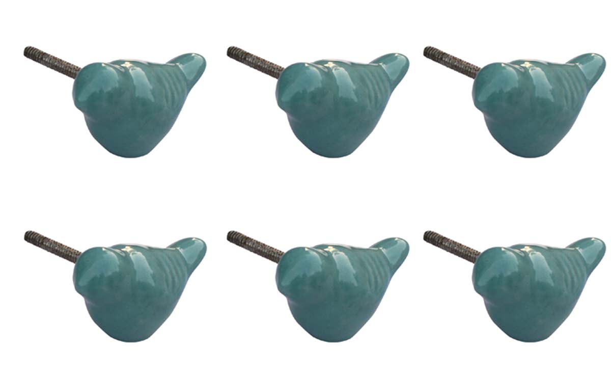 Bulk Wholesale Set of 6 Handmade Bird-Design Knobs in Teal-Blue Color – Decorative Drawer Pulls for Cabinet Doors / Dressers – Home Décor