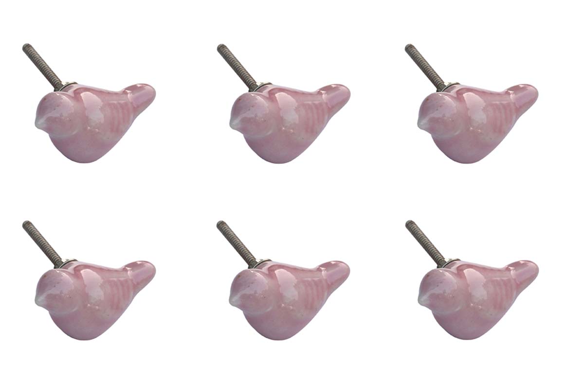 Bulk Wholesale Set of 6 Handmade Bird-Design Knobs in Light Pink Color – Decorative Drawer Pulls for Cabinet Doors / Dressers – Home Décor