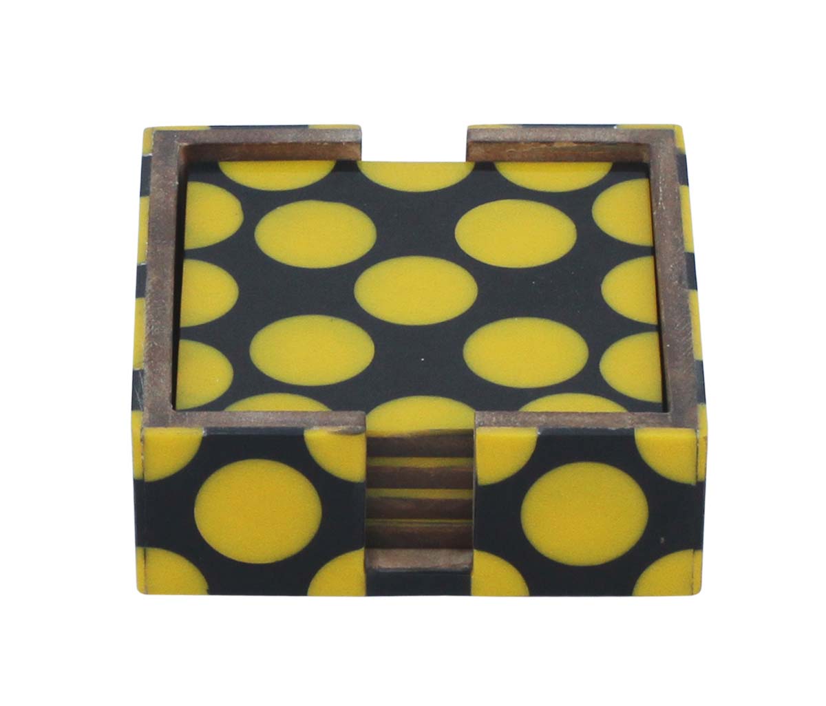 Bulk Wholesale Wooden Square-Shaped Set of 4 Drink Coasters with a Holder - Handmade Dotted Pattern in Yellow over a Black Base - Table-Top Accessories - Home/Office Decor