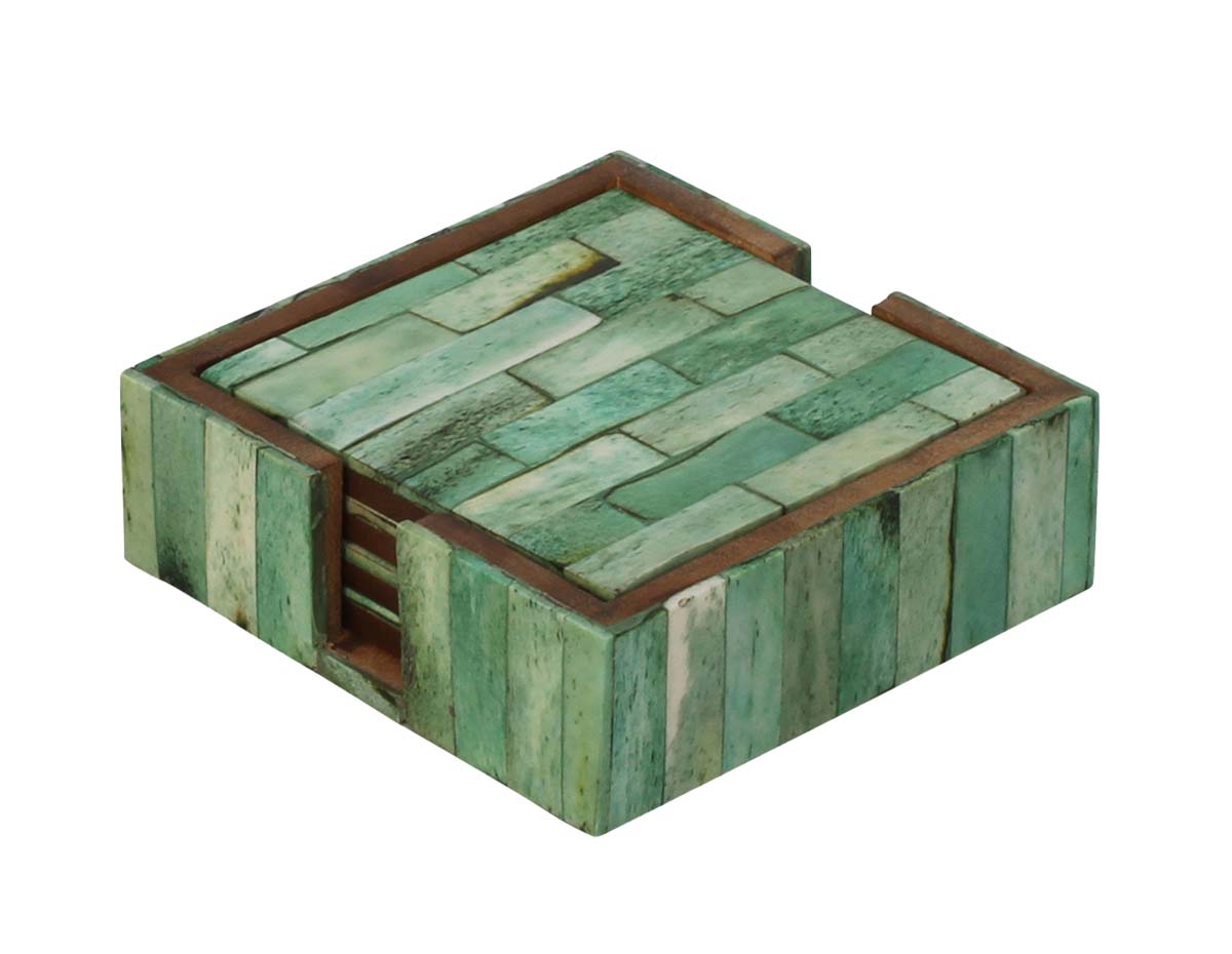 Bulk Wholesale Wooden Square-Shaped Set of 4 Drink Coasters with a Holder - Handmade Brick Pattern in Green Color - Table-Top Accessories - Home/Office Decor