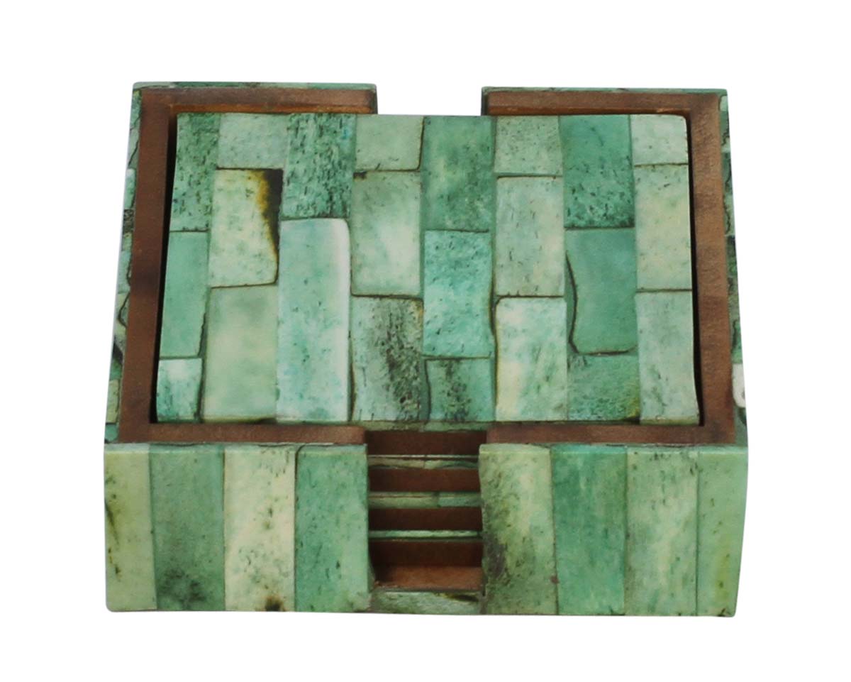 Bulk Wholesale Wooden Square-Shaped Set of 4 Drink Coasters with a Holder - Handmade Brick Pattern in Green Color - Table-Top Accessories - Home/Office Decor