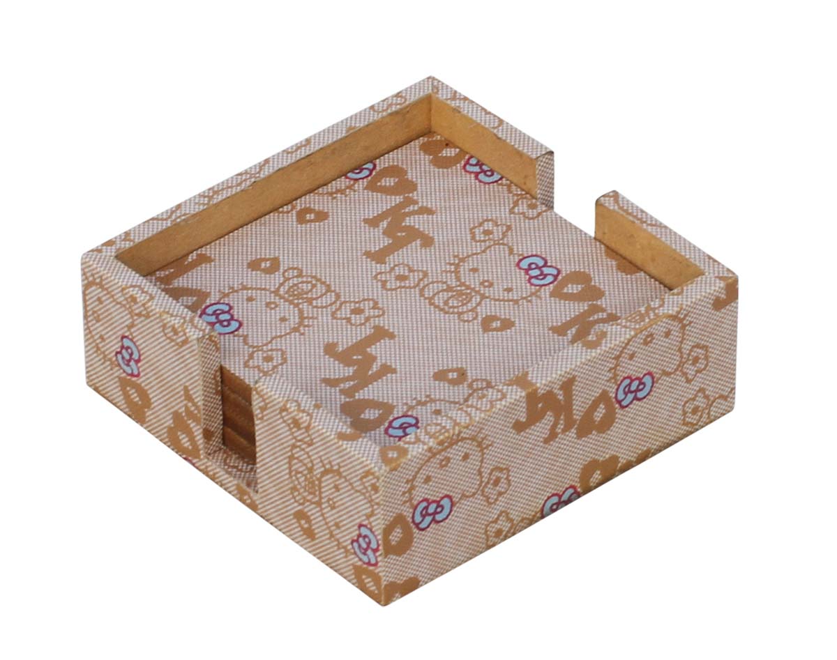 Bulk Wholesale Set of 4 Coasters with Holder Handmade Square Shaped in Compressed Wood & Faux Leather - Hello Kitty Pattern - Table Decor