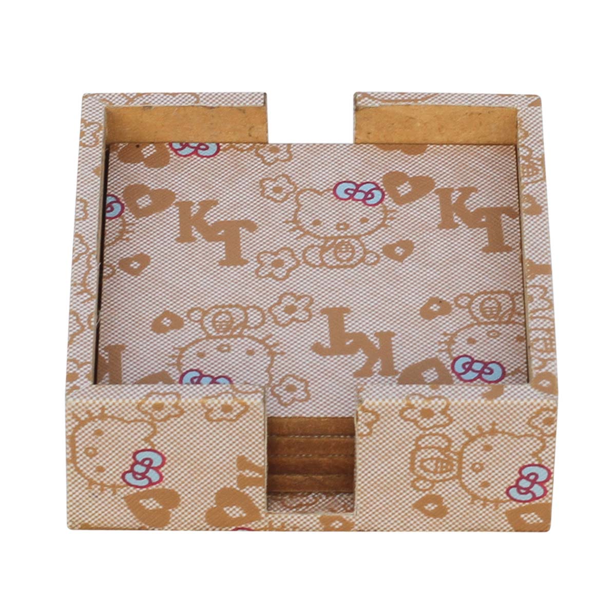 Bulk Wholesale Set of 4 Coasters with Holder Handmade Square Shaped in Compressed Wood & Faux Leather - Hello Kitty Pattern - Table Decor