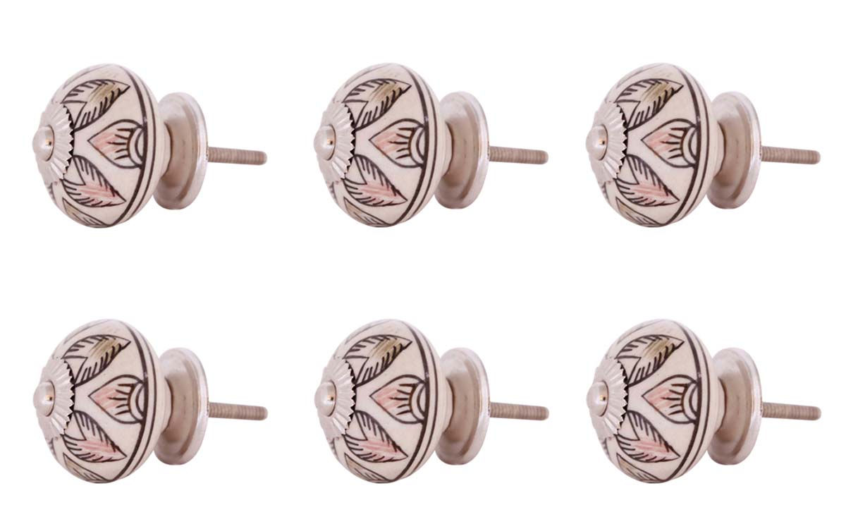 Bulk Wholesale Set of 6 Handmade Round Knobs / Pulls  in Ceramic & Metal for Drawers / Dressers / Cabinets – Decorated with Multicolor Leafy Patterns on a White Base – Ethnic-Look Home Décor