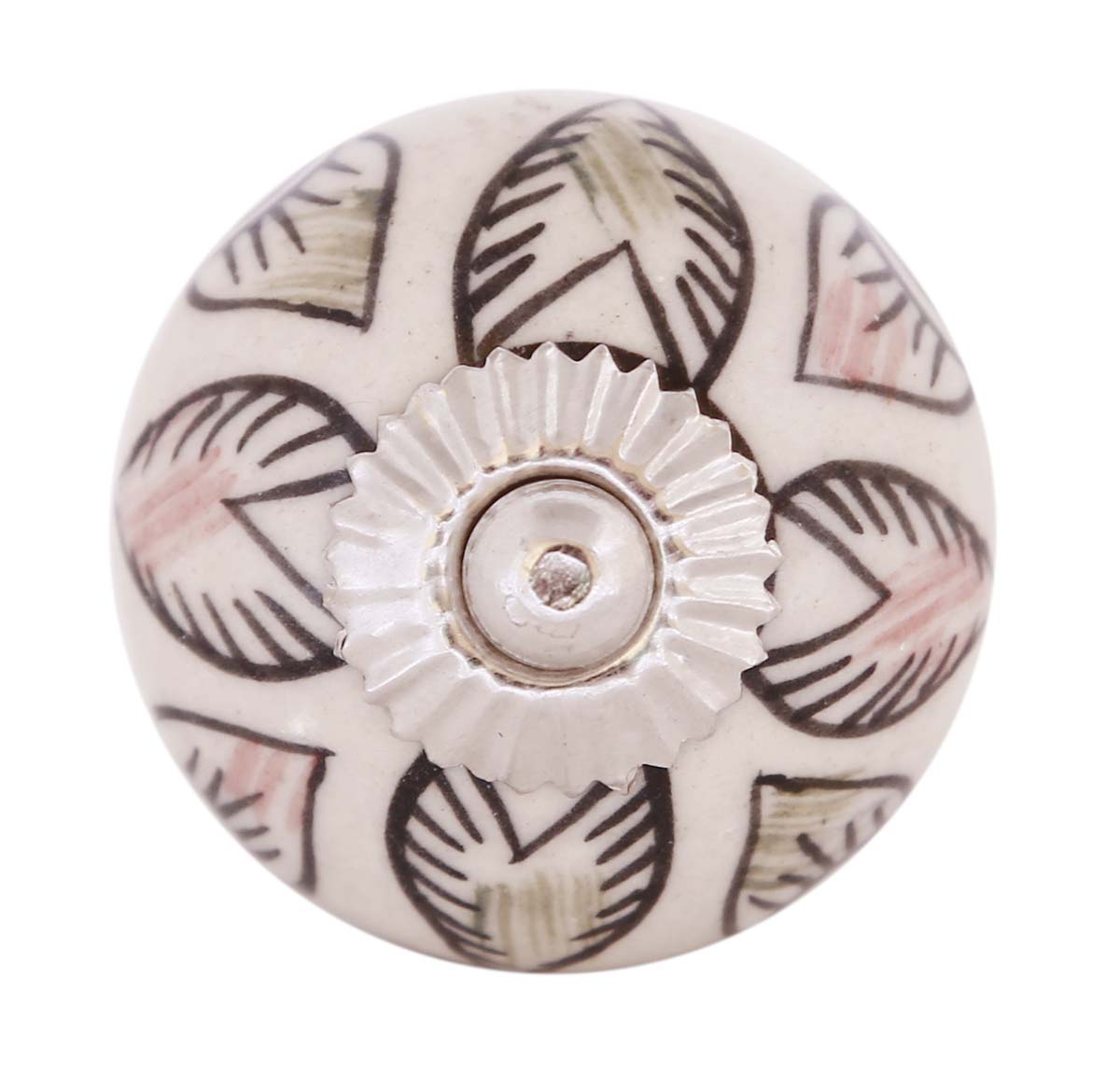 Bulk Wholesale Set of 6 Handmade Round Knobs / Pulls  in Ceramic & Metal for Drawers / Dressers / Cabinets – Decorated with Multicolor Leafy Patterns on a White Base – Ethnic-Look Home Décor