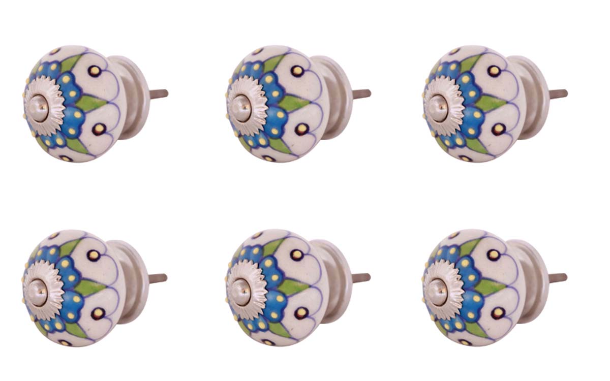 Bulk Wholesale Set of 6 Handmade Round Knobs / Pulls in Ceramic & Metal for Drawers / Dressers / Cabinets – Decorated with Multicolor Traditional Patterns on a White Base – Ethnic-Look Home Décor