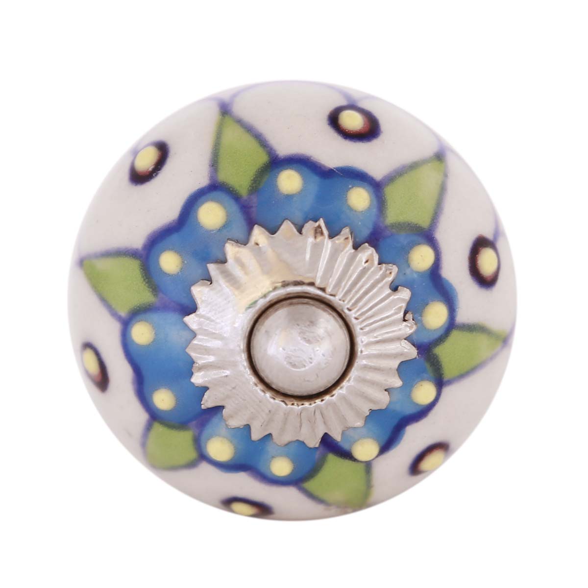 Bulk Wholesale Set of 6 Handmade Round Knobs / Pulls in Ceramic & Metal for Drawers / Dressers / Cabinets – Decorated with Multicolor Traditional Patterns on a White Base – Ethnic-Look Home Décor
