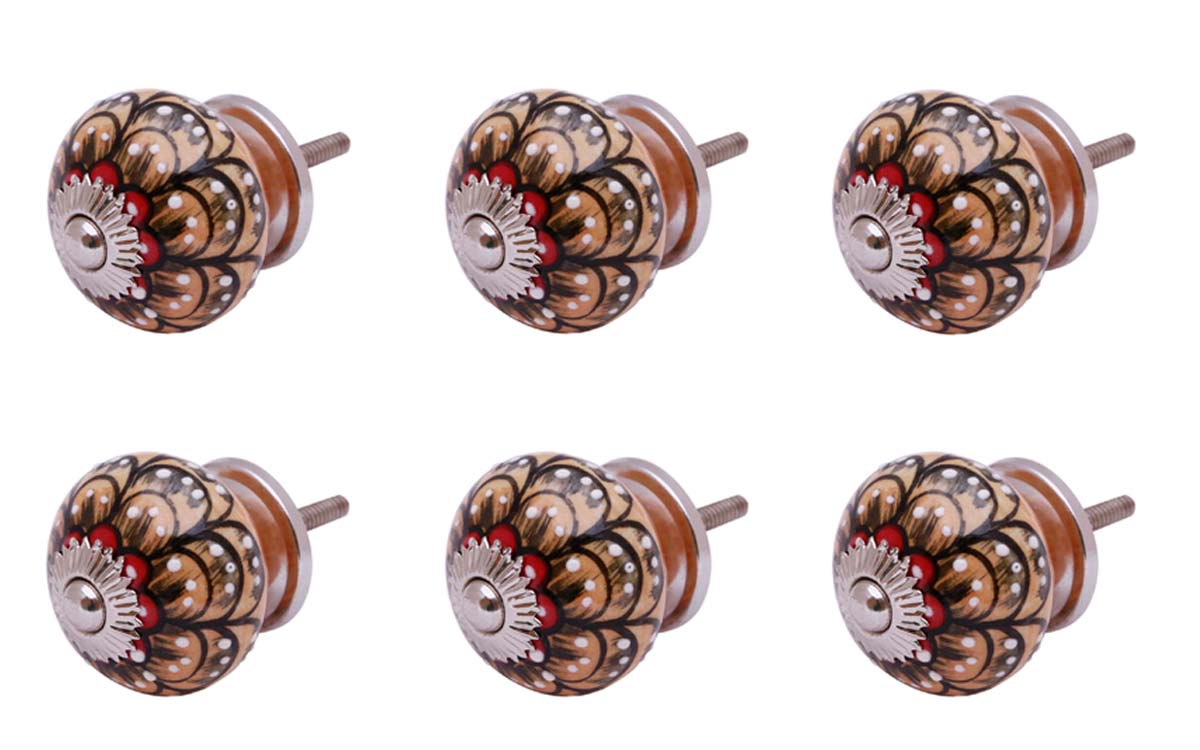 Bulk Wholesale Set of 6 Handmade Round Knobs / Pulls  in Ceramic & Metal for Drawers / Dressers / Cabinets – Decorated with Black Traditional Patterns on Dull-Orange Color Base – Ethnic-Look Home Décor