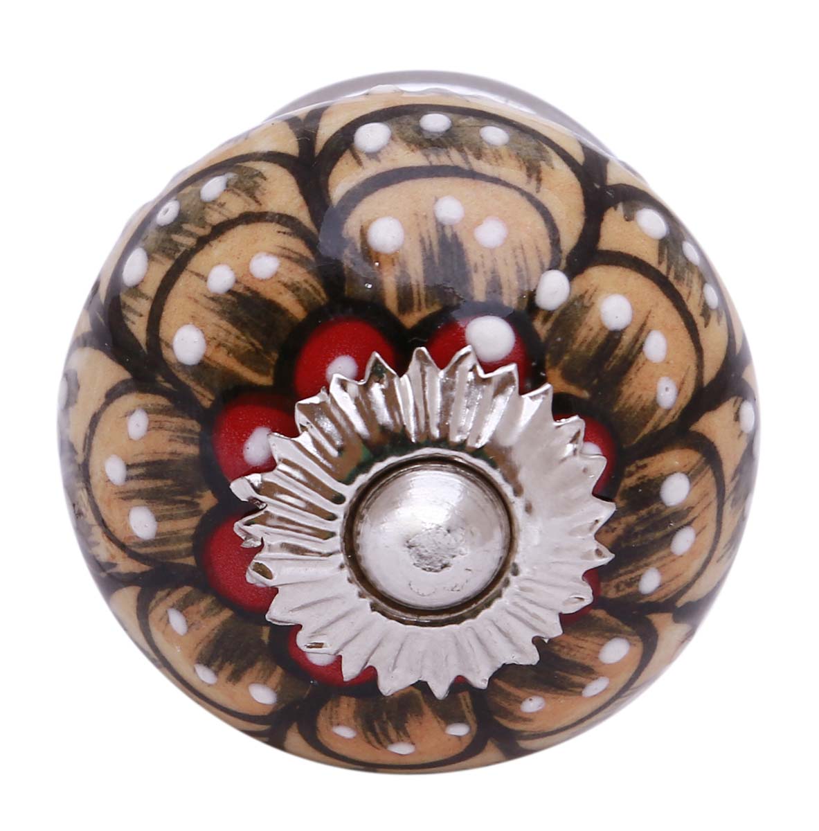 Bulk Wholesale Set of 6 Handmade Round Knobs / Pulls  in Ceramic & Metal for Drawers / Dressers / Cabinets – Decorated with Black Traditional Patterns on Dull-Orange Color Base – Ethnic-Look Home Décor
