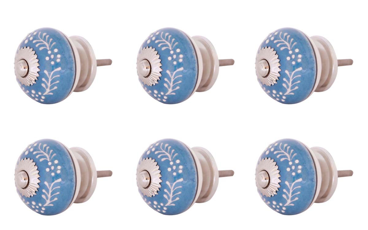 Bulk Wholesale Set of 6 Handmade Round Knobs / Pulls in Ceramic & Metal for Drawers / Dressers / Cabinets – Decorated with White Traditional Patterns on Blue Color Base – Ethnic-Look Home Décor