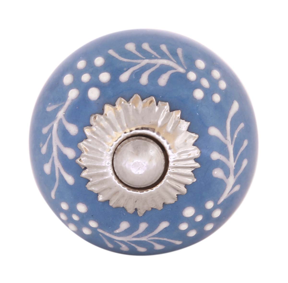 Bulk Wholesale Set of 6 Handmade Round Knobs / Pulls in Ceramic & Metal for Drawers / Dressers / Cabinets – Decorated with White Traditional Patterns on Blue Color Base – Ethnic-Look Home Décor