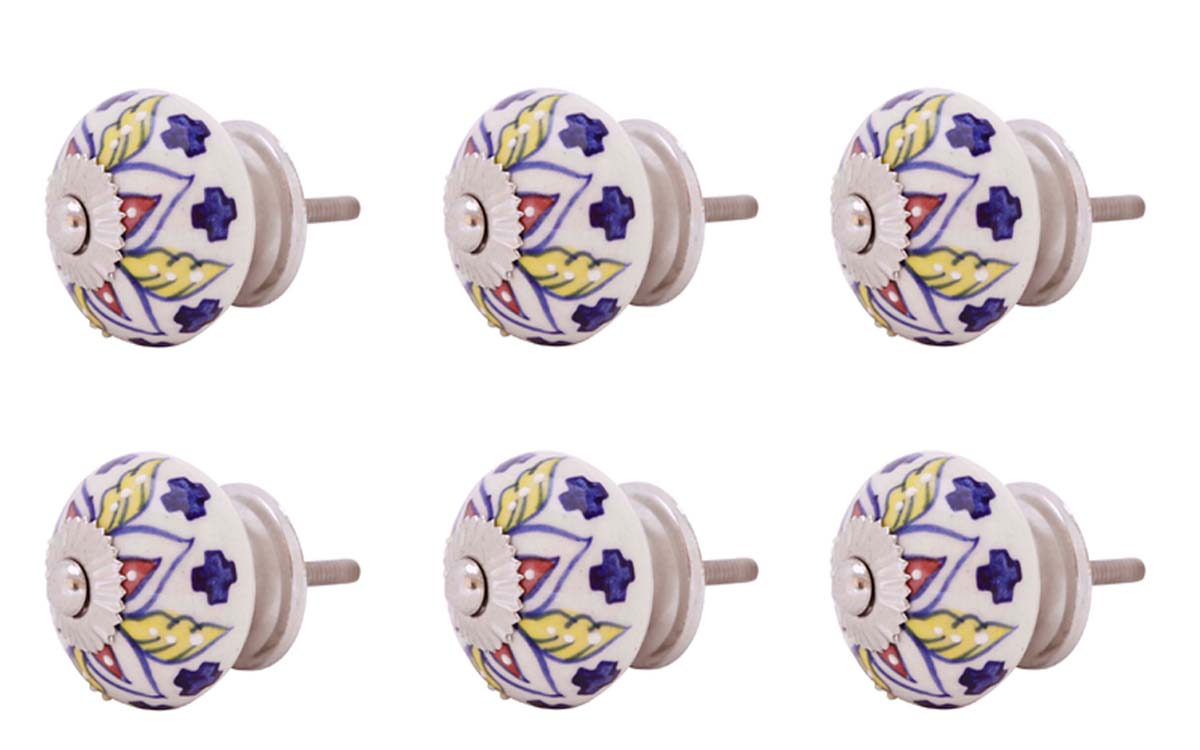 Bulk Wholesale Set of 6 Handmade Round Knobs / Pulls in Ceramic & Metal for Drawers / Dressers / Cabinets – Decorated with Multicolored Traditional Patterns on a White Base – Ethnic-Look Home Décor