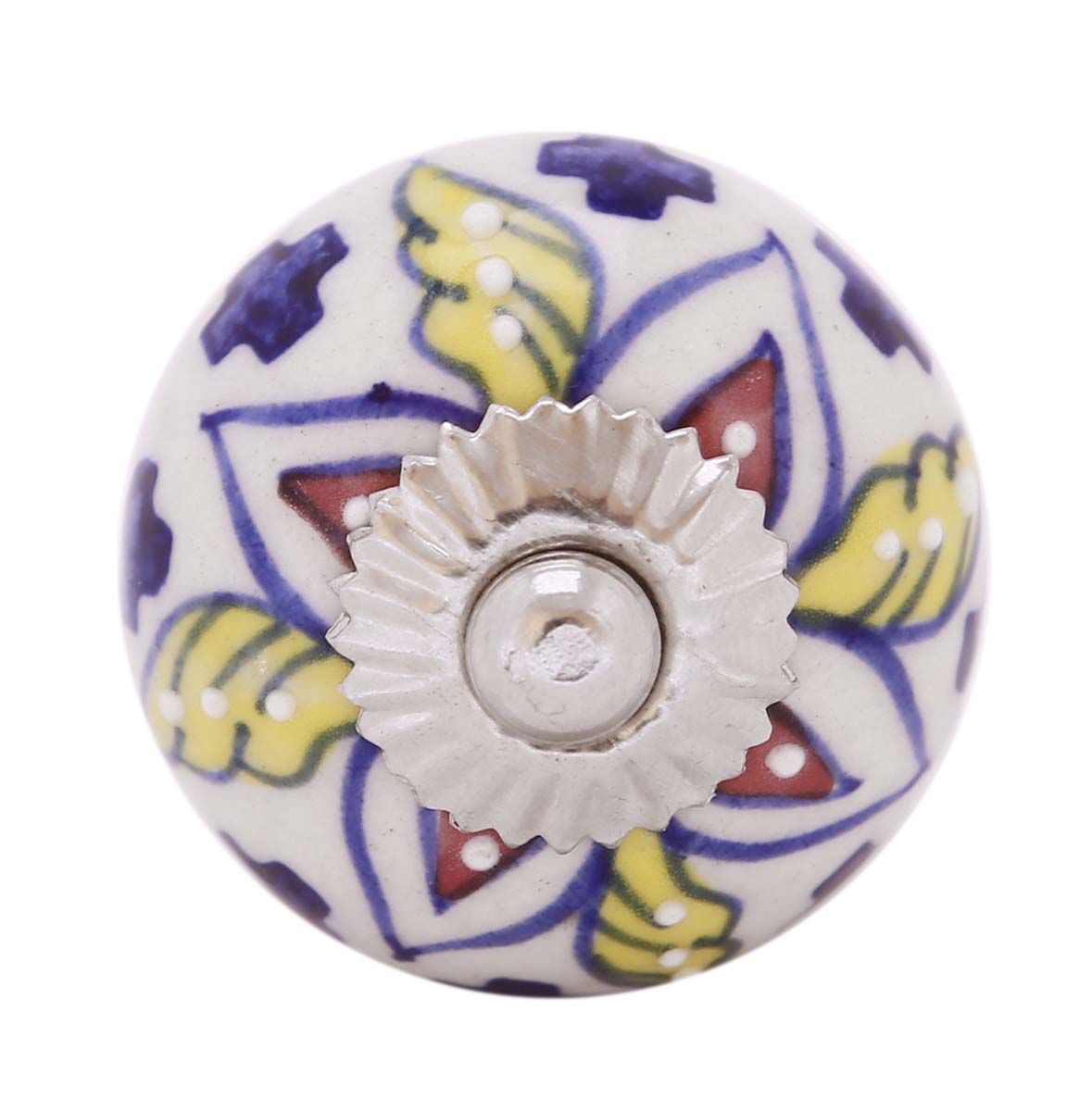 Bulk Wholesale Set of 6 Handmade Round Knobs / Pulls in Ceramic & Metal for Drawers / Dressers / Cabinets – Decorated with Multicolored Traditional Patterns on a White Base – Ethnic-Look Home Décor