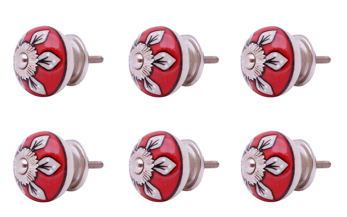 Bulk Wholesale Set of 6 Handmade Round Knobs / Pulls in Ceramic & Metal for Drawers / Dressers / Cabinets – Decorated with Black Leafy Patterns on Red & White Base – Ethnic-Look Home Décor