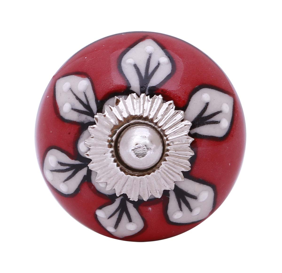 Bulk Wholesale Set of 6 Handmade Round Knobs / Pulls in Ceramic & Metal for Drawers / Dressers / Cabinets – Decorated with Black Leafy Patterns on Red & White Base – Ethnic-Look Home Décor
