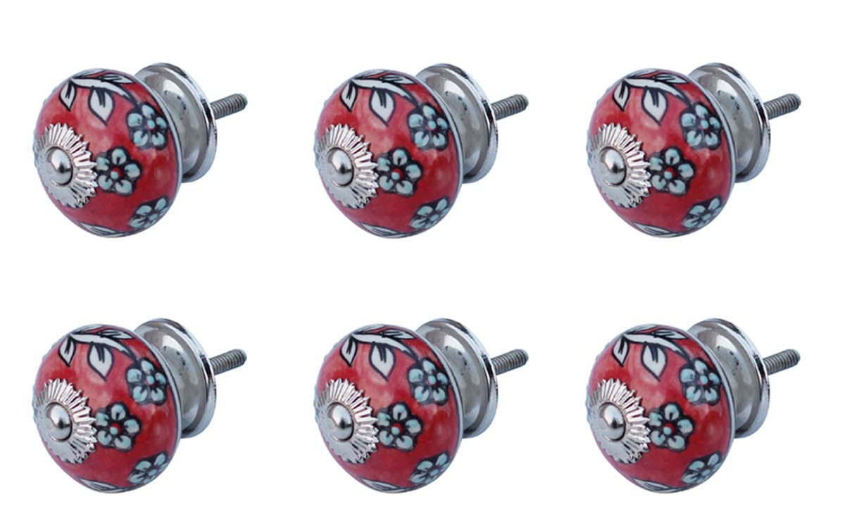 Bulk Wholesale Set of 6 Handmade Round Knobs / Pulls in Ceramic & Metal for Drawers / Dressers / Cabinets – Decorated with Black Floral Patterns over Red & White Base – Ethnic-Look Home Décor