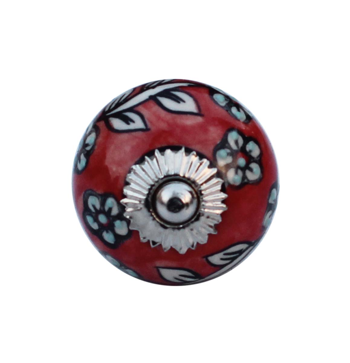 Bulk Wholesale Set of 6 Handmade Round Knobs / Pulls in Ceramic & Metal for Drawers / Dressers / Cabinets – Decorated with Black Floral Patterns over Red & White Base – Ethnic-Look Home Décor