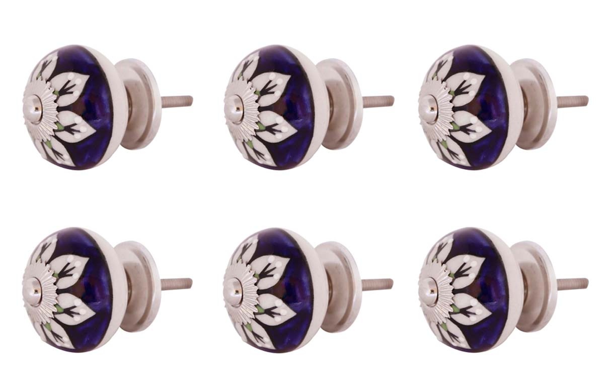 Bulk Wholesale Set of 6 Round Cabinet Knobs / Pulls in Ceramic & Metal for Drawers / Dressers – Decorated with Black Leafy Patterns over Blue & White Base – Ethnic-Look Home Décor