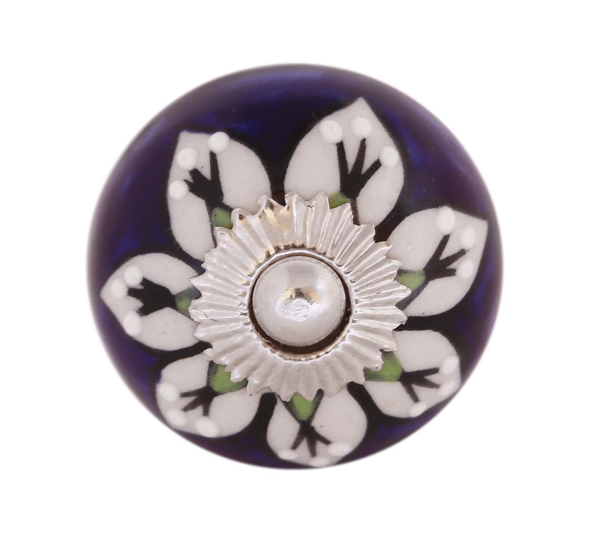 Bulk Wholesale Set of 6 Round Cabinet Knobs / Pulls in Ceramic & Metal for Drawers / Dressers – Decorated with Black Leafy Patterns over Blue & White Base – Ethnic-Look Home Décor