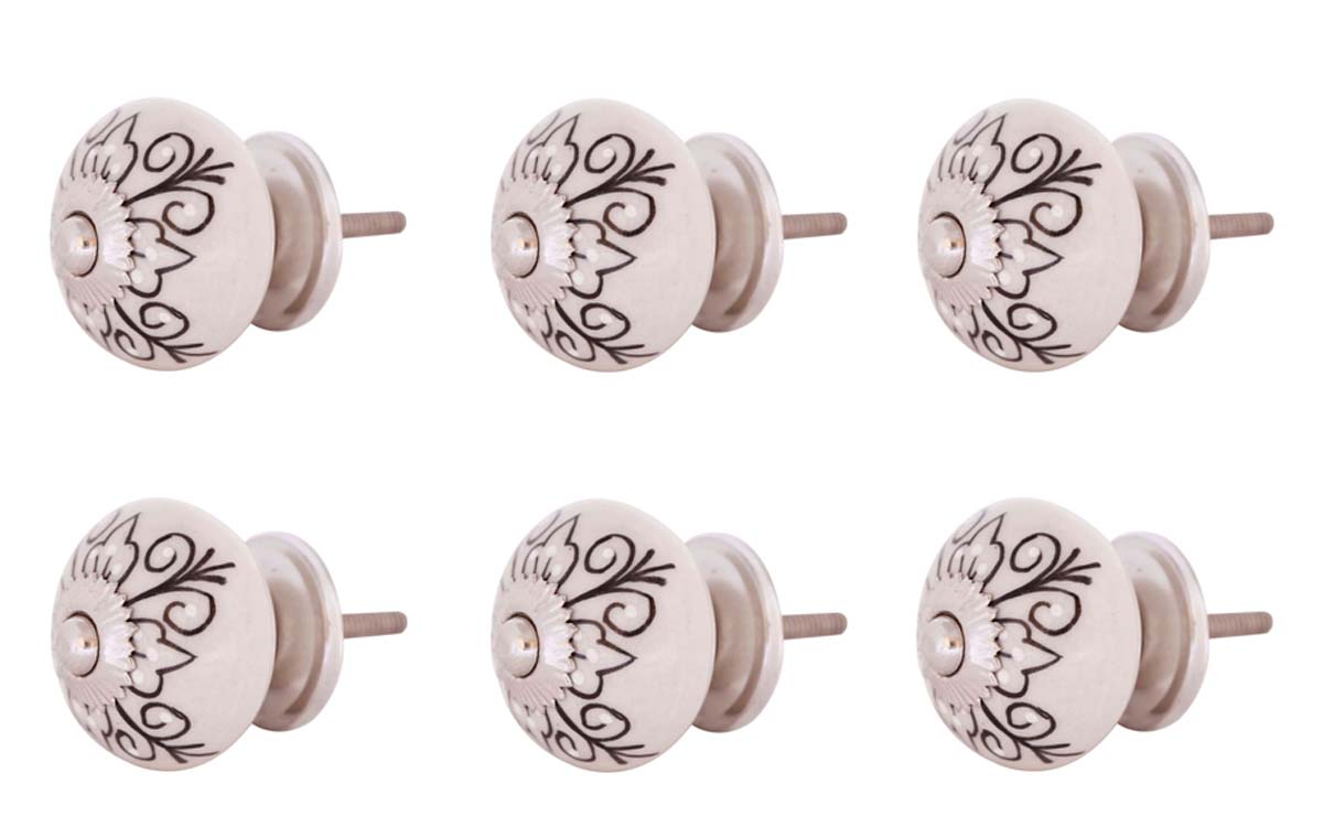 Bulk Wholesale Set of 6 Handmade Round Knobs / Pulls in Ceramic & Metal for Drawers / Dressers / Cabinets – Decorated with Black Traditional Motifs over Off-White Base – Ethnic-Look Home Décor