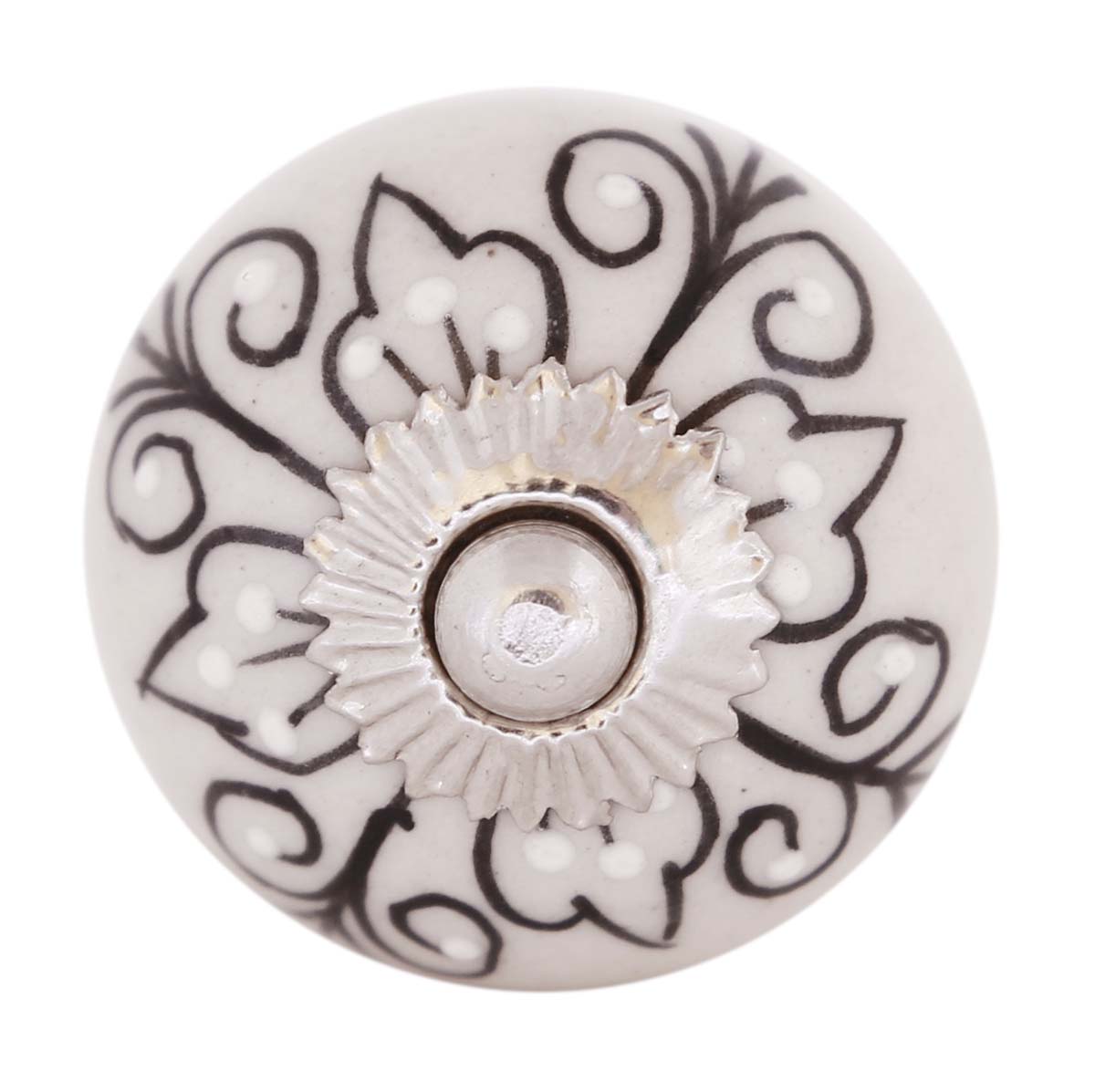 Bulk Wholesale Set of 6 Handmade Round Knobs / Pulls in Ceramic & Metal for Drawers / Dressers / Cabinets – Decorated with Black Traditional Motifs over Off-White Base – Ethnic-Look Home Décor