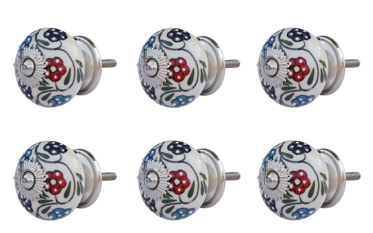 Bulk Wholesale Set of 6 Handmade Round Knobs / Pulls in Ceramic & Metal for Drawers / Dressers / Cabinets – Decorated with Multicolored Floral Patterns over a White Base – Ethnic-Look Home Décor