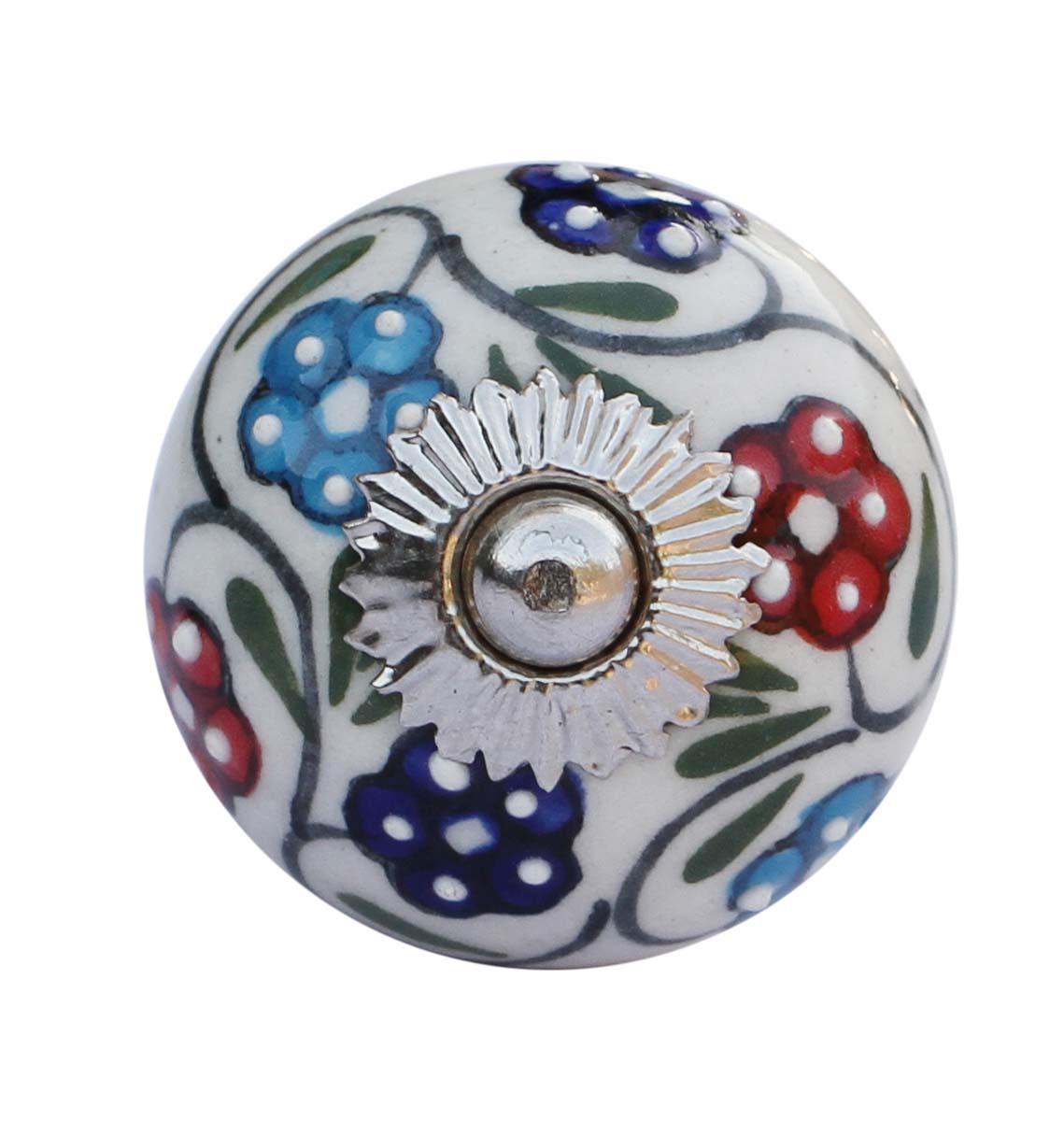 Bulk Wholesale Set of 6 Handmade Round Knobs / Pulls in Ceramic & Metal for Drawers / Dressers / Cabinets – Decorated with Multicolored Floral Patterns over a White Base – Ethnic-Look Home Décor