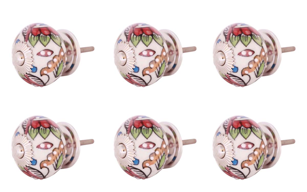 Bulk Wholesale Set of 6 Handmade Round Knobs / Pulls in Ceramic & Metal for Drawers / Dressers / Cabinets – Decorated with Multicolored Floral Patterns over a White Base – Ethnic-Look Home Décor