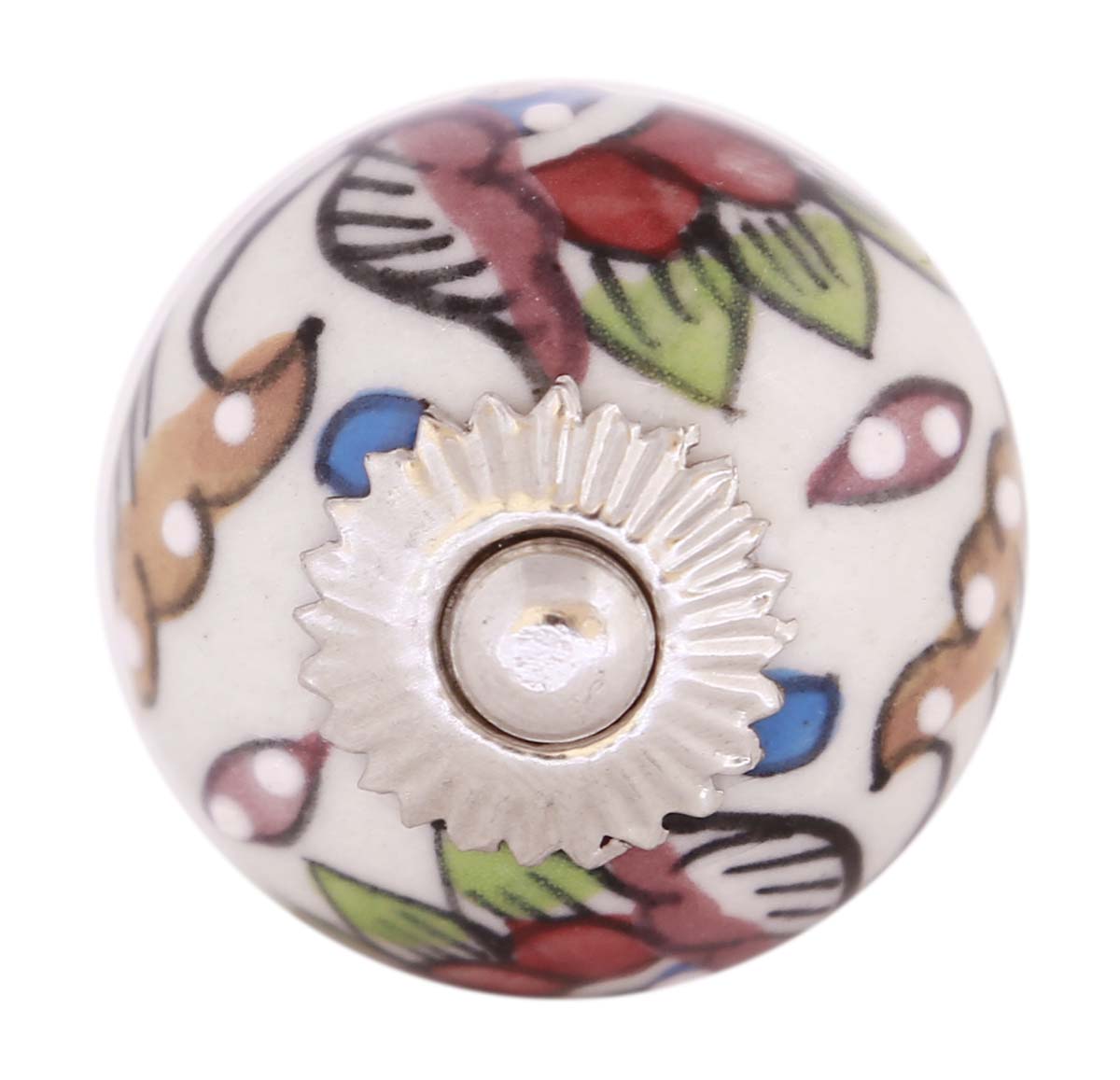 Bulk Wholesale Set of 6 Handmade Round Knobs / Pulls in Ceramic & Metal for Drawers / Dressers / Cabinets – Decorated with Multicolored Floral Patterns over a White Base – Ethnic-Look Home Décor