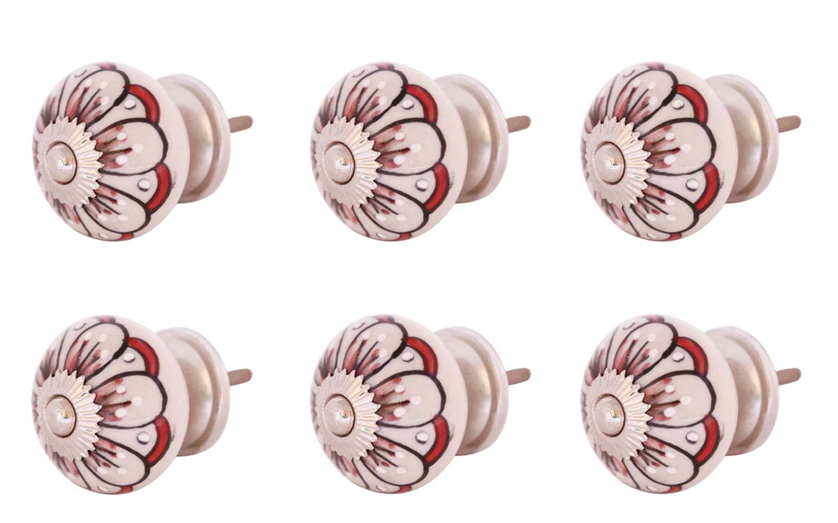 Bulk Wholesale Set of 6 Handmade Round Knobs / Pulls in Ceramic & Metal for Drawers / Dressers / Cabinets – Decorated with Red & Black Traditional Patterns over a White Base – Ethnic-Look Home Décor