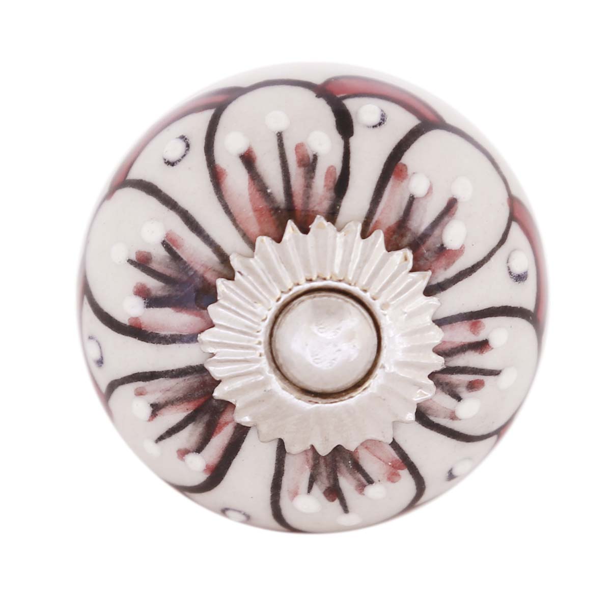 Bulk Wholesale Set of 6 Handmade Round Knobs / Pulls in Ceramic & Metal for Drawers / Dressers / Cabinets – Decorated with Red & Black Traditional Patterns over a White Base – Ethnic-Look Home Décor