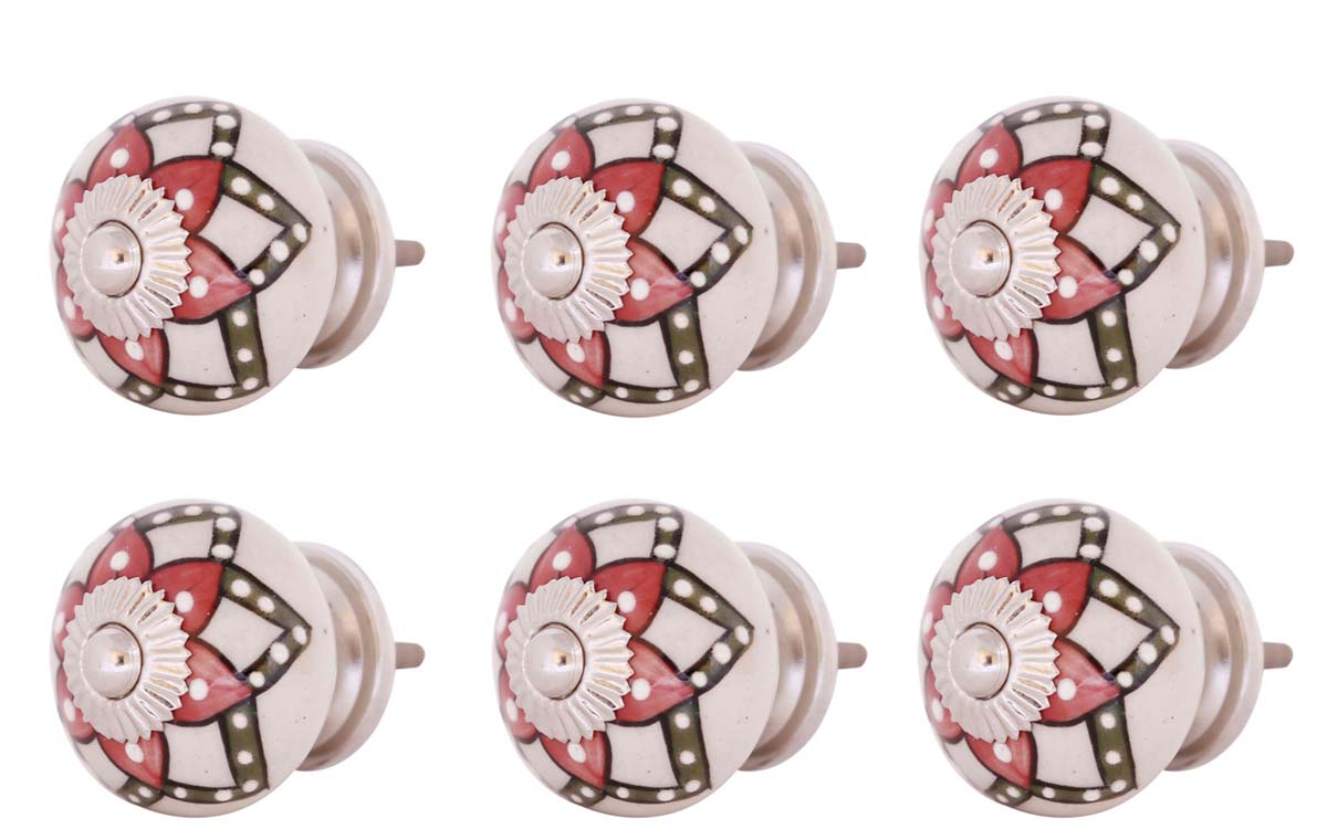 Bulk Wholesale Set of 6 Handmade Round Knobs / Pulls in Ceramic & Metal for Drawers / Dressers / Cabinets – Decorated with Red & Green Traditional Patterns over a White Base – Ethnic-Look Home Décor