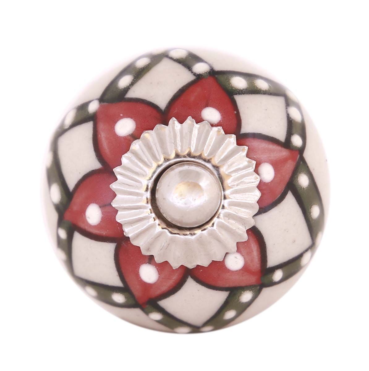 Bulk Wholesale Set of 6 Handmade Round Knobs / Pulls in Ceramic & Metal for Drawers / Dressers / Cabinets – Decorated with Red & Green Traditional Patterns over a White Base – Ethnic-Look Home Décor