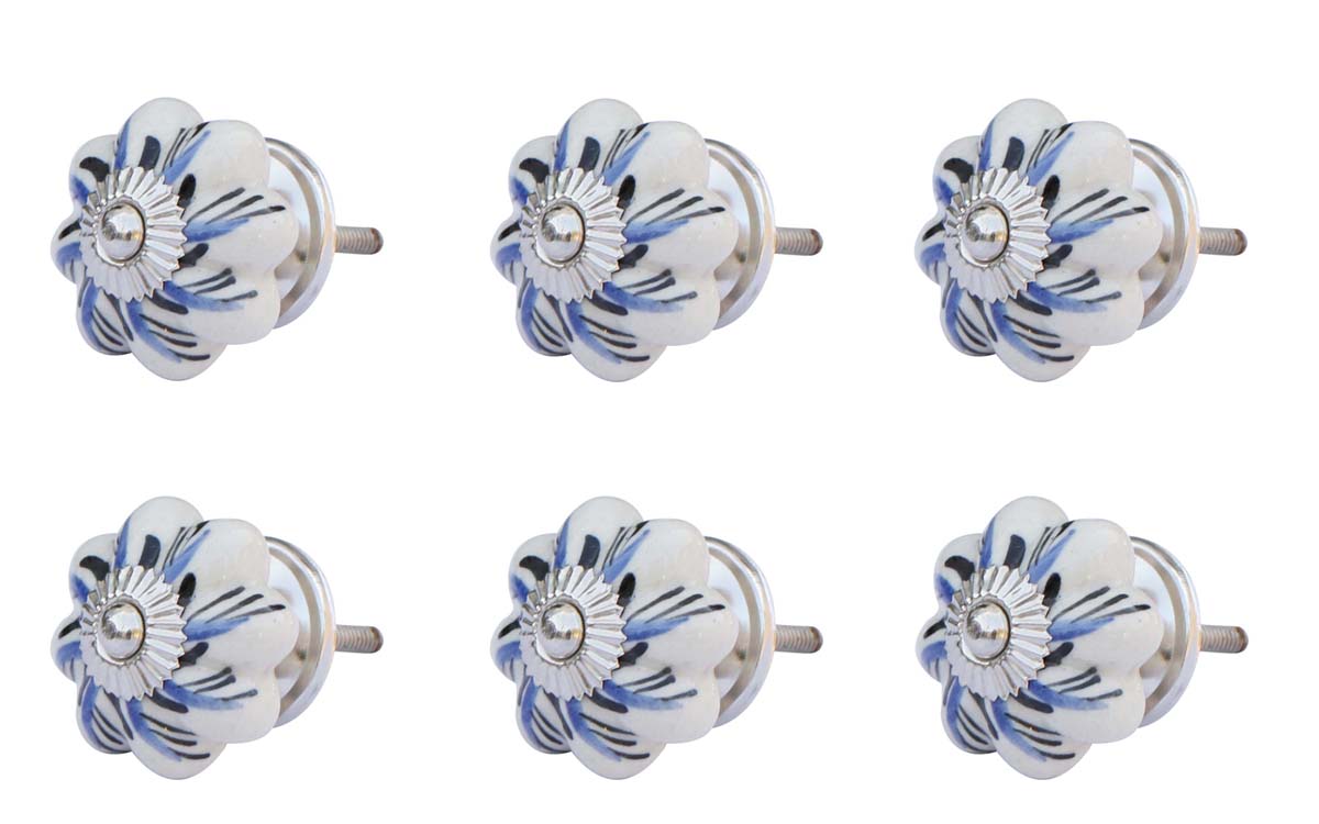 Bulk Wholesale Set of 6 Handmade Ceramic Knobs in Pumpkin Design – Decorated with Traditional Motifs in Green & Blue over a White Base – Pulls for Drawers / Dressers / Cabinets – Home Décor