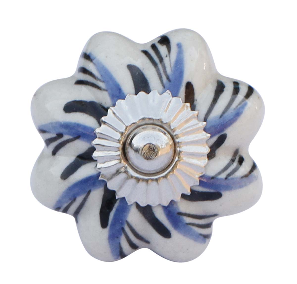 Bulk Wholesale Set of 6 Handmade Ceramic Knobs in Pumpkin Design – Decorated with Traditional Motifs in Green & Blue over a White Base – Pulls for Drawers / Dressers / Cabinets – Home Décor