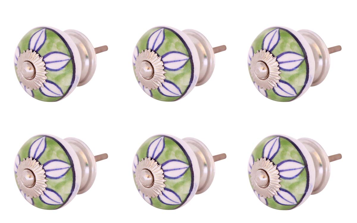 Bulk Wholesale Set of 6 Cabinet / Dresser / Drawer Knobs / Pulls Handmade in Ceramic & Metal – Decorated with Leafy Patterns over Green & White Base – Ethnic-Look Home Décor