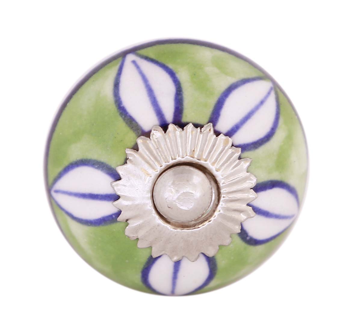 Bulk Wholesale Set of 6 Cabinet / Dresser / Drawer Knobs / Pulls Handmade in Ceramic & Metal – Decorated with Leafy Patterns over Green & White Base – Ethnic-Look Home Décor