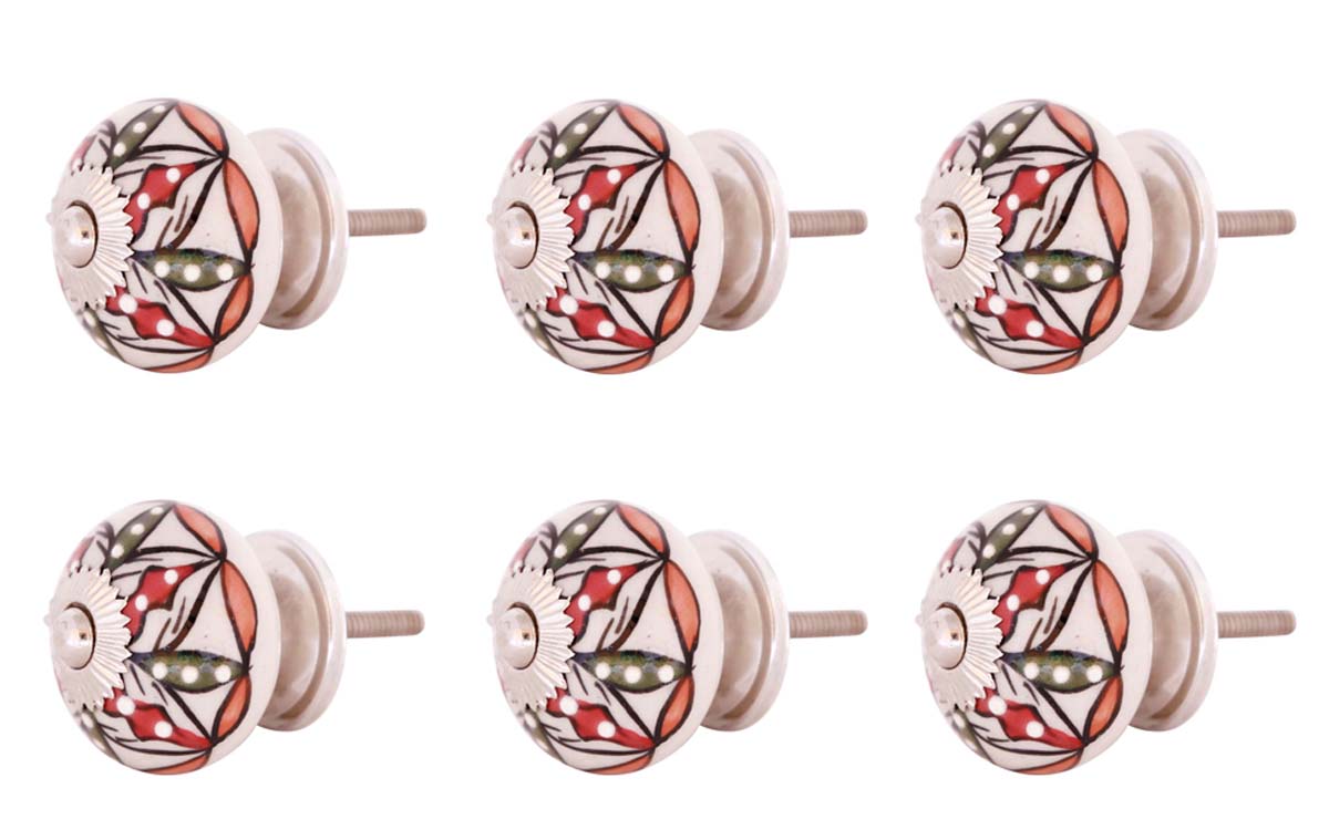 Bulk Wholesale Set of 6 Handmade Round Knobs / Pulls in Ceramic & Metal for Drawers / Dressers / Cabinets – Decorated with Multicolored Traditional Patterns over a White Base – Ethnic-Look Home Décor