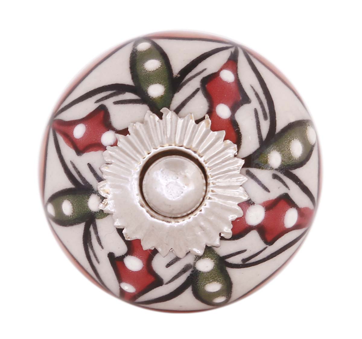 Bulk Wholesale Set of 6 Handmade Round Knobs / Pulls in Ceramic & Metal for Drawers / Dressers / Cabinets – Decorated with Multicolored Traditional Patterns over a White Base – Ethnic-Look Home Décor