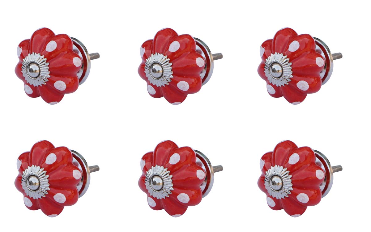 Bulk Wholesale Set of 6 Handmade Red Color Ceramic Knobs in Pumpkin Design – Decorated with White Dots – Pulls for Drawers / Dressers / Cabinets – Home Décor