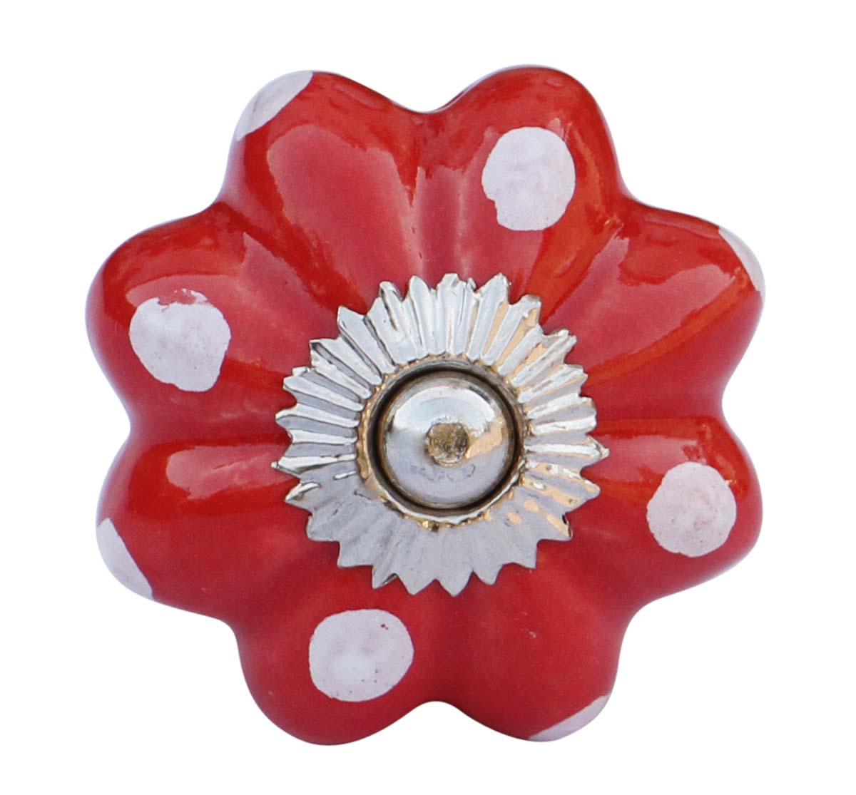 Bulk Wholesale Set of 6 Handmade Red Color Ceramic Knobs in Pumpkin Design – Decorated with White Dots – Pulls for Drawers / Dressers / Cabinets – Home Décor