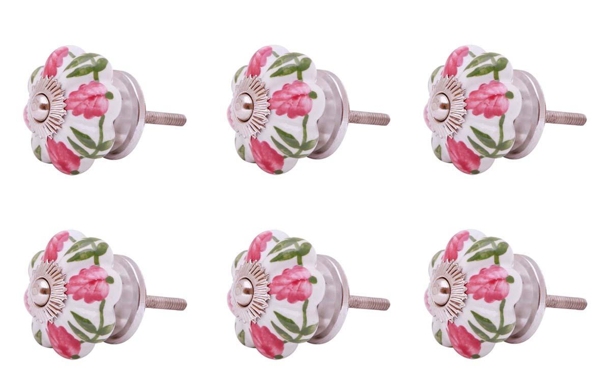 Bulk Wholesale Set of 6 Handmade Ceramic Knobs in Pumpkin Design – Adorned with Green & Pink Floral Patterns over a White Base – Decorative Pulls for Drawers / Dressers / Cabinets – Home Décor