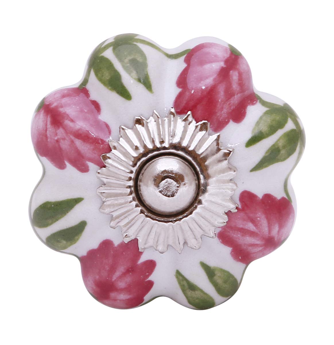 Bulk Wholesale Set of 6 Handmade Ceramic Knobs in Pumpkin Design – Adorned with Green & Pink Floral Patterns over a White Base – Decorative Pulls for Drawers / Dressers / Cabinets – Home Décor