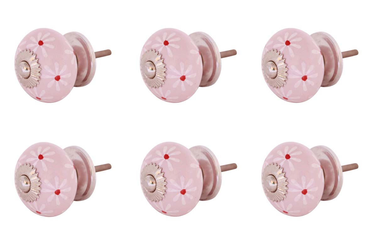 Bulk Wholesale Set of 6 Handmade Round Pink Color Knobs in Ceramic & Metal with White Floral Patterns – Decorative Pulls for Drawers / Dressers – Kid’s Room Décor