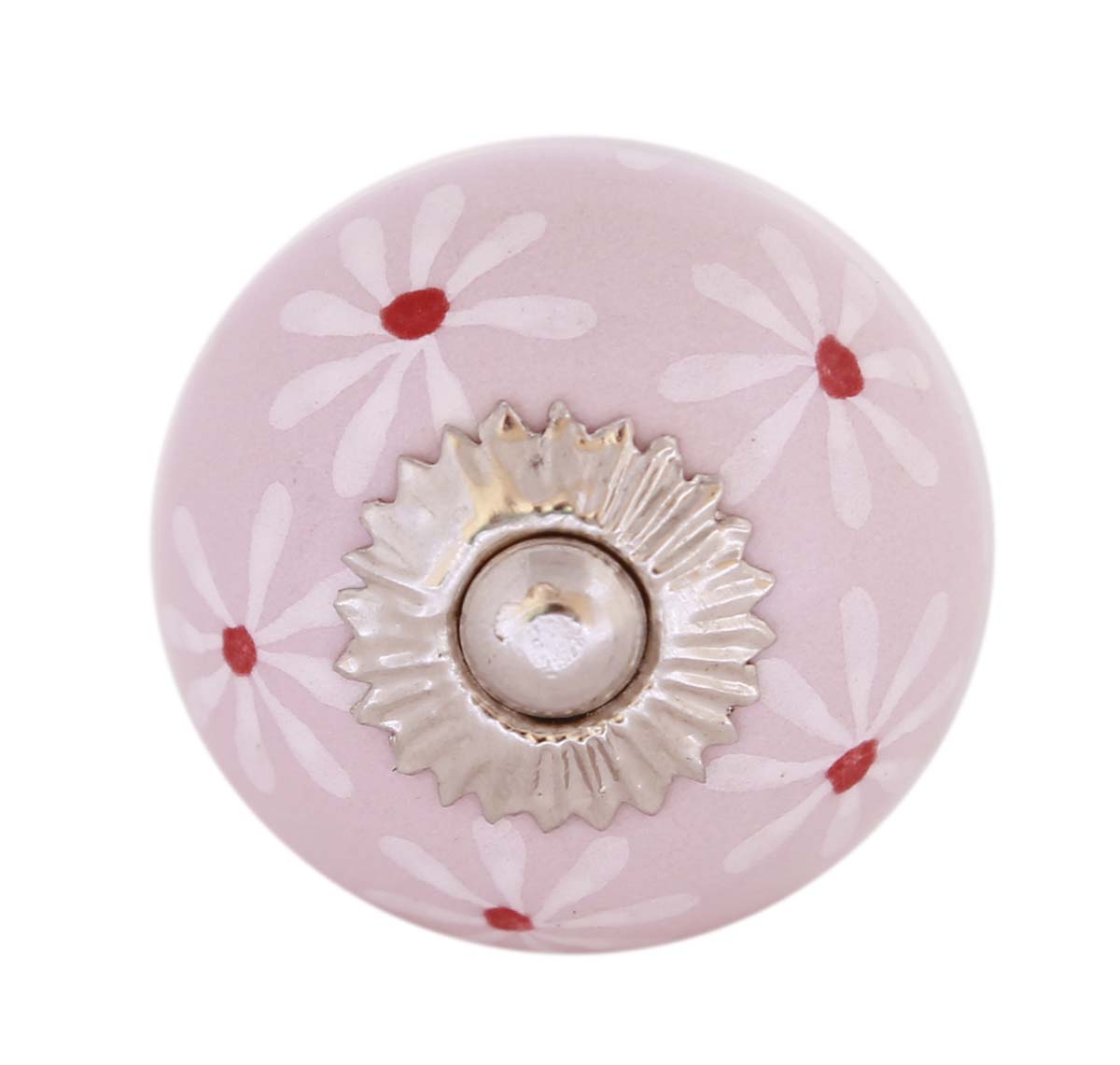 Bulk Wholesale Set of 6 Handmade Round Pink Color Knobs in Ceramic & Metal with White Floral Patterns – Decorative Pulls for Drawers / Dressers – Kid’s Room Décor