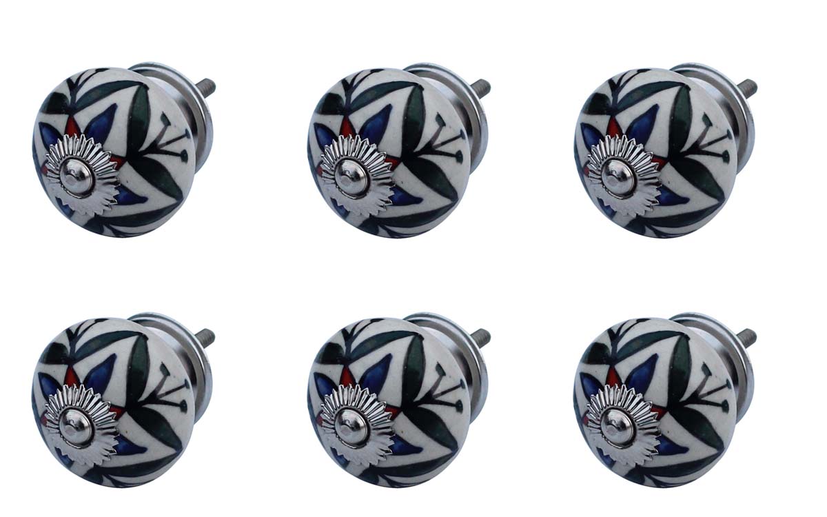 Bulk Wholesale Set of 6 Handmade Round Knobs / Pulls in Ceramic & Metal for Drawers / Dressers / Cabinets – Decorated with Traditional Patterns over a White Base – Ethnic-Look Home Décor