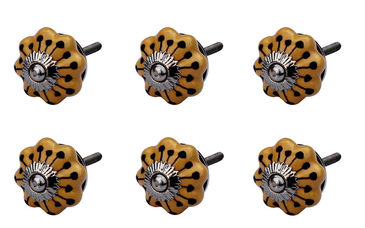 Bulk Wholesale Handmade Set of 6 Round Knobs / Pulls in Ceramic & Metal for Drawers / Dressers / Cabinets – Decorated with Black Traditional Patterns over Mustard Color Base – Ethnic-Look Home Décor