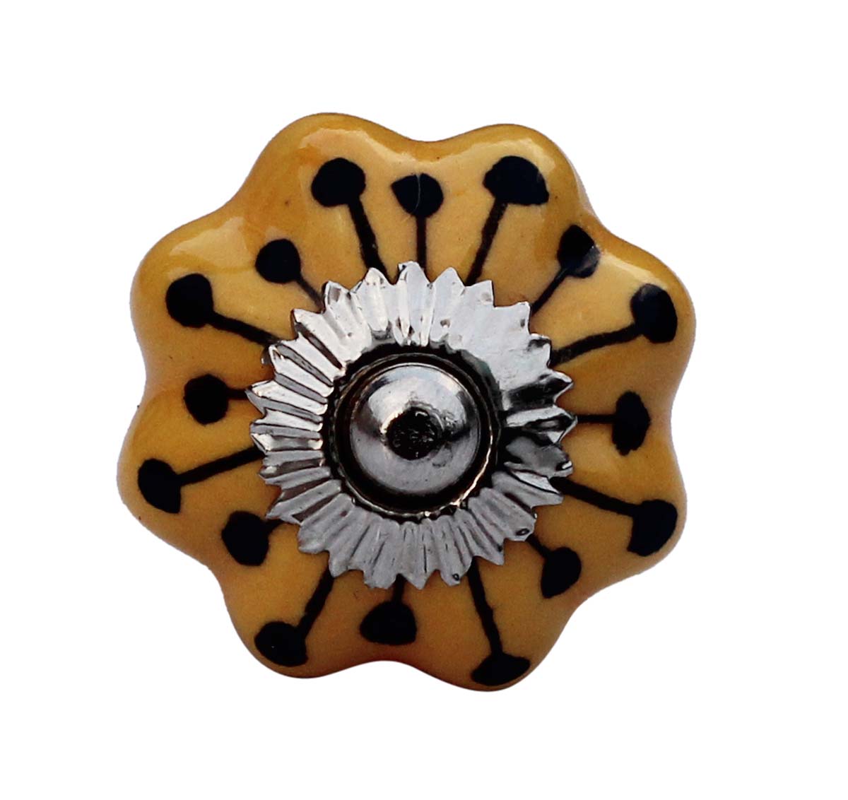 Bulk Wholesale Handmade Set of 6 Round Knobs / Pulls in Ceramic & Metal for Drawers / Dressers / Cabinets – Decorated with Black Traditional Patterns over Mustard Color Base – Ethnic-Look Home Décor